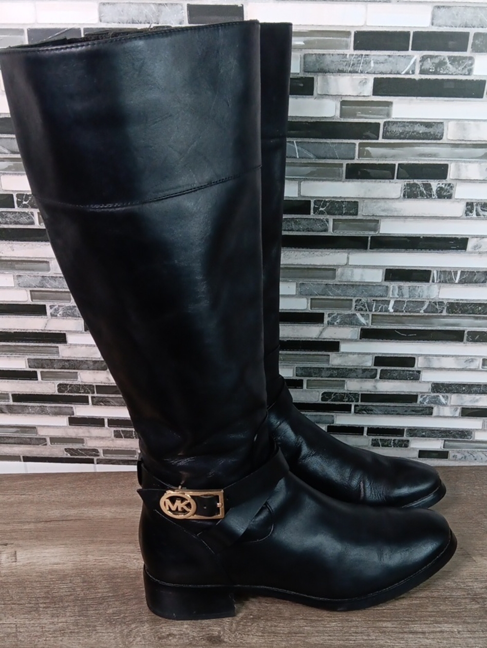 MK Black Leather Womens 8M Tall Riding Winter Boots